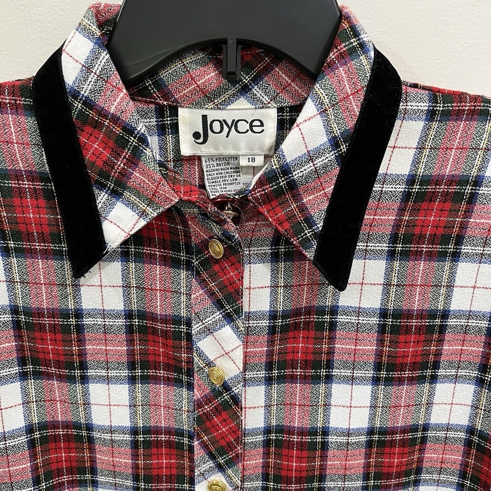 Vintage Joyce Women's Red Plaid Button Down Blouse Velvet Trim Size 18 Teacher